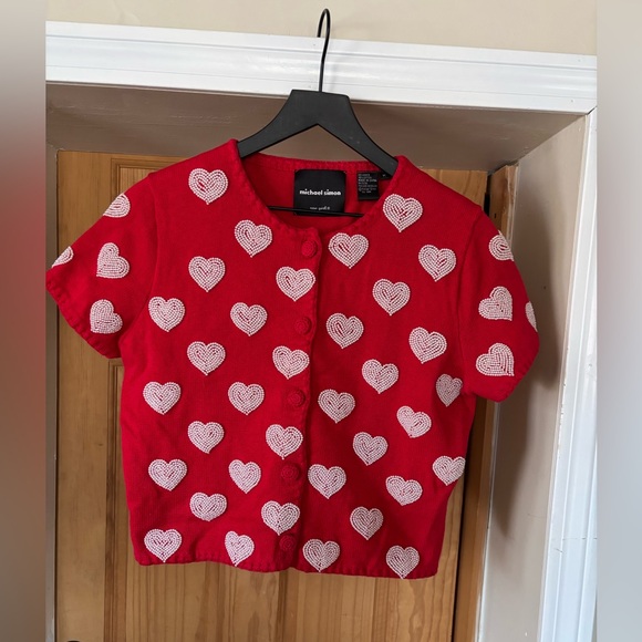VTG 1999 Michael Simon Red/White Beaded Heart Cardigan,Valentines, Sweetheart, M - Picture 14 of 14
